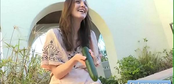  Sexy brunette amateur babe Brooke fucks her juicy pussy with a large cucumber